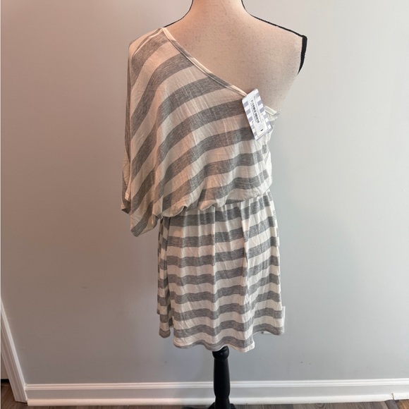 Fantastic Fawn Gray Stripe One Shoulder Mini Dress NWT Women’s size Medium - Picture 6 of 9
